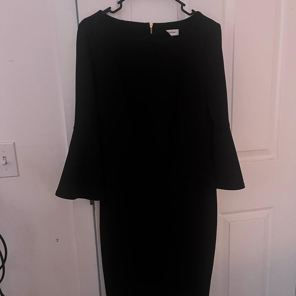 Calvin Klein Black Long Sleeve Dress with Bell Sleeve and Gold Zipper on the bac